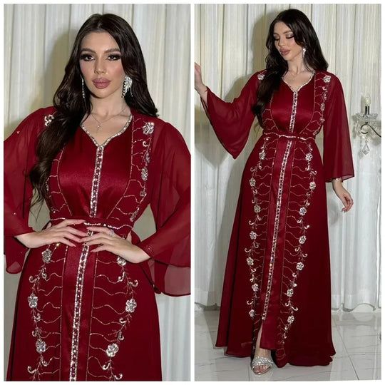 Muslim Set Dress Women Four-season Commute Muslim Set Fashion Party Dubai Turkey Long Sleeve Chiffon Cardigan Dress and Vest 2ps Beauty hair & fashionfj