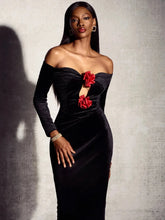 Elegant Off Shoulder Velvet Gown with Red Rose Appliqué – Black Romantic Dinner Luxury Evening Events Long Dresses Vestidos Beauty hair & fashionfj