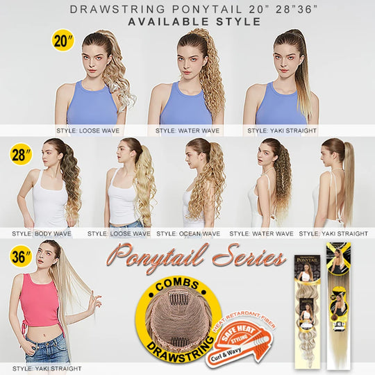 Julianna Synthetic Kanekalon Black Drawstring Water Wave Ponytail Extension Female Curly Wavy Clip In Ponytail Hair Extension