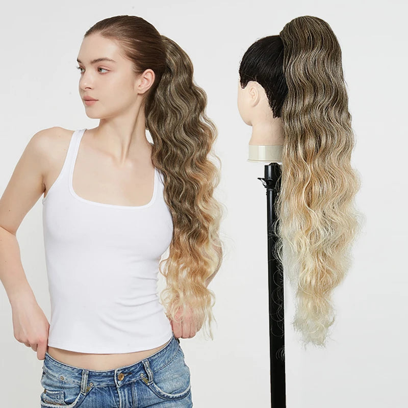 Julianna Synthetic Kanekalon Black Drawstring Water Wave Ponytail Extension Female Curly Wavy Clip In Ponytail Hair Extension