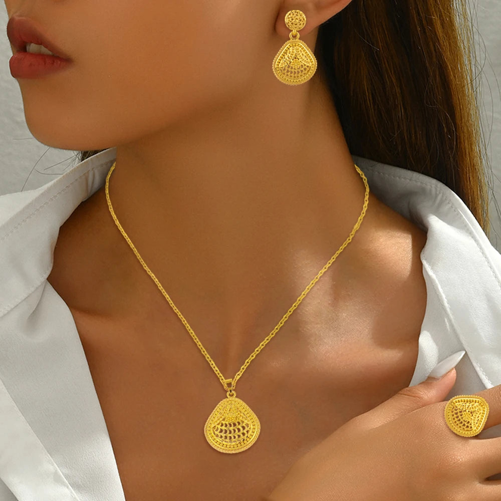 Mid East Gold-plated 3pcs Jewelry Set For Women India Dubai Jewelry Geometry Earrings Necklace Ring Set Apply for Party Wedding