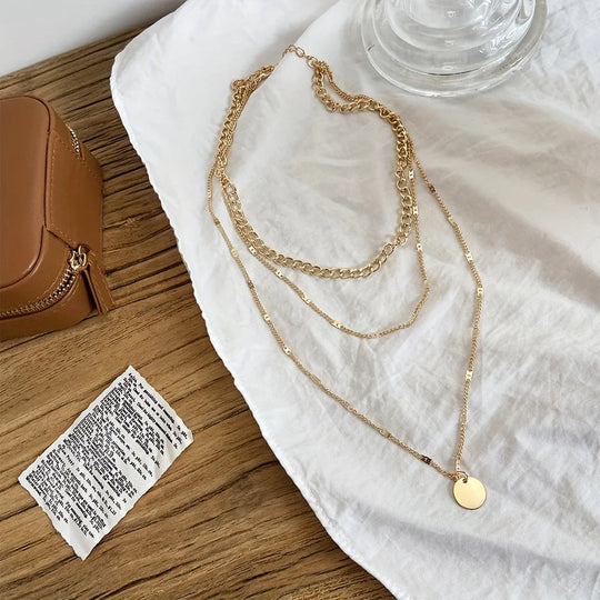 Multi Layered Golden Silvery Necklace for Women Staackable Necklace with Round Pendant  for Daily Wear Beauty hair & fashionfj