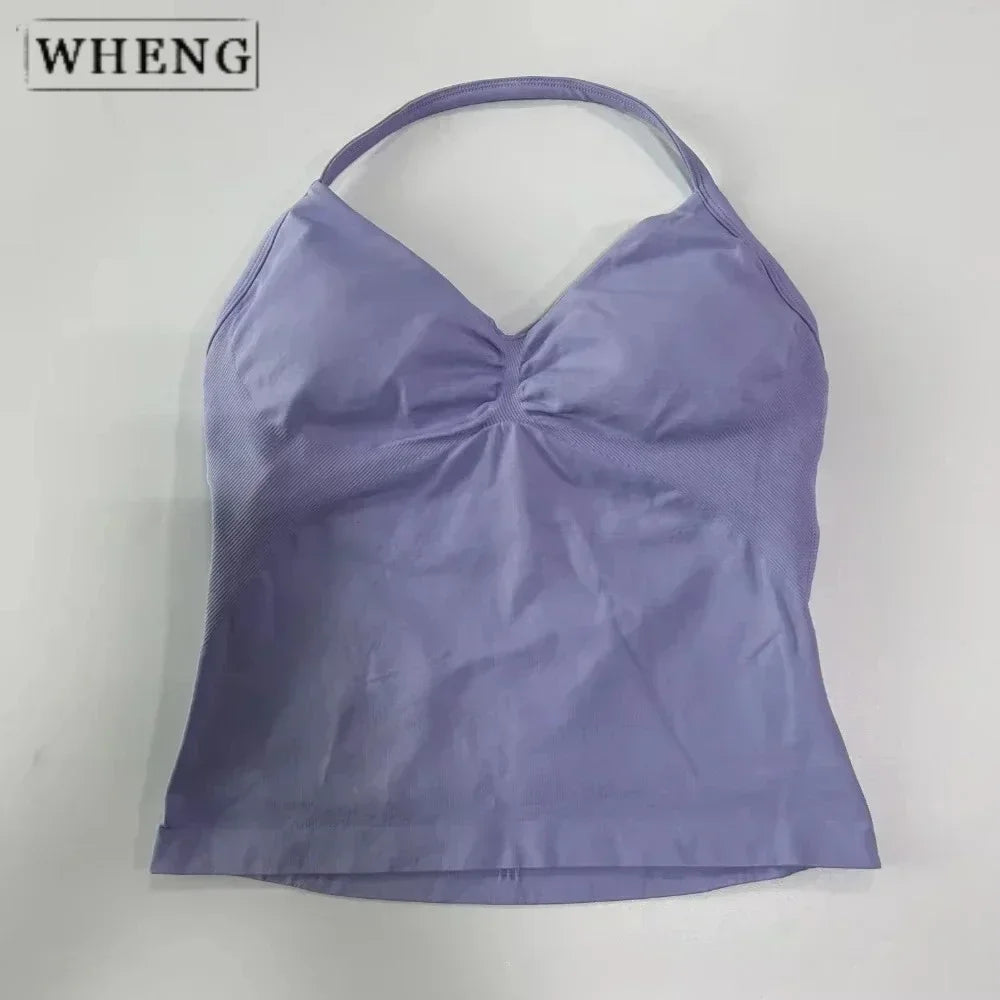 Women's Yoga Vest  Top with Bare Back and Long Straps  Backless Bra for Training  T-shirt for Running and Yoga