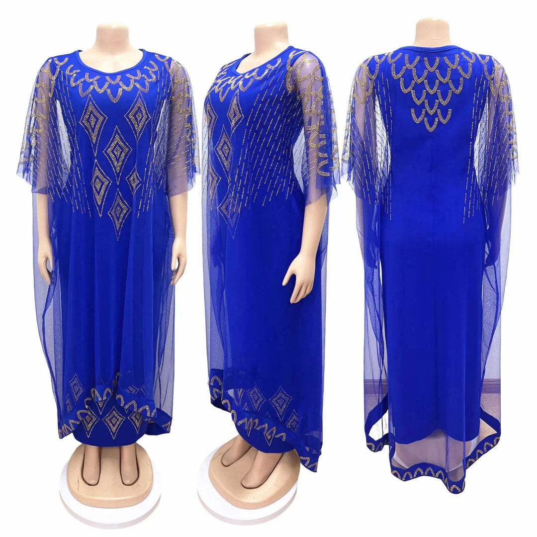 Fake Two-Piece African Dresses for Women 2023 Traditional Nigeria Mesh Hot Drill Caftan Dress Abaya Musulman Robe Femme Clothes Beauty hair & fashionfj