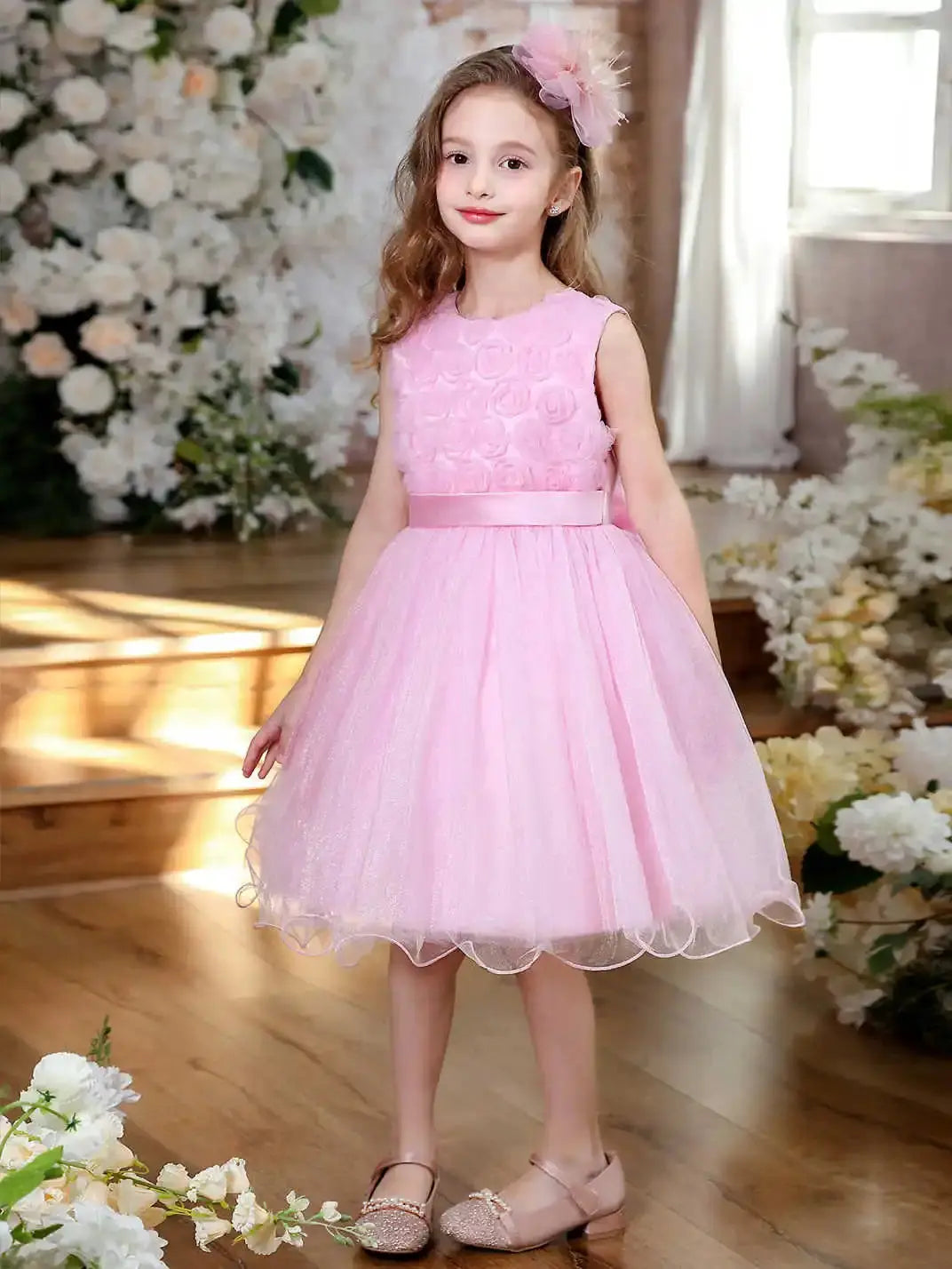 Girls Sleeveless Lace Stereoscopic Flower Ballet Short Dress Princess Birthday Party Dresses Beauty hair & fashionfj