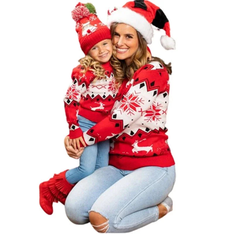 Xmas Mom and Daughter Matching Clothes Warm Thick Christmas Sweater Full Sleeve O Neck Knitwear Casual Soft Jumpers Pullover Top