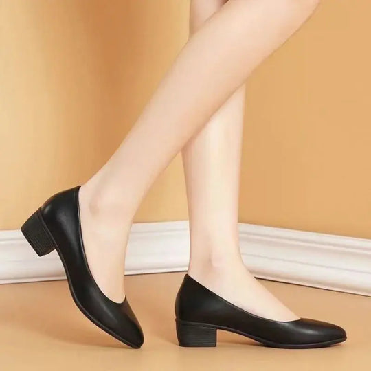 2025 New Arrival Women's Low-Heel Pumps Black Genuine Leather Formal Shoes Slip-On Commuter Comfortable Mid-Heel Beauty hair & fashionfj