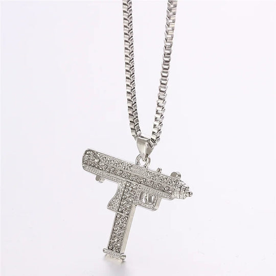 Gold Plated Necklace Uzi Gun Pendant Necklace Alloy Full Crystal Bling Submachine Chain Hip Hop Accessories Male Necklace Beauty hair & fashionfj