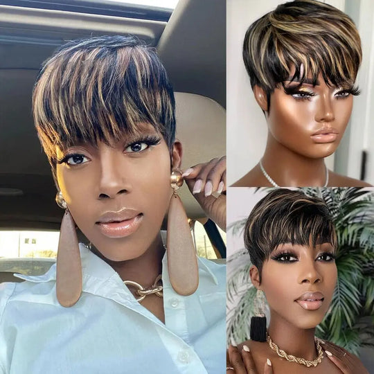 WIGERA Highlight Synthetic Short Straight Pixie Cut Hair Bob Wig Ombre Honey Blonde Mix Black Bronw Layered Hair Wigs For Woman
