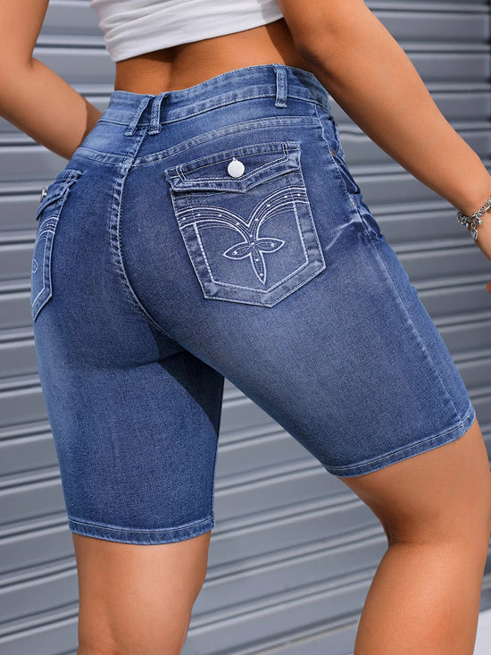 2025 Summer New High Stretch Slim Fit Denim Shorts For Women Fashion Embroidery Knee Length Skinny Jeans Shorts Casual Clothes Beauty hair & fashionfj