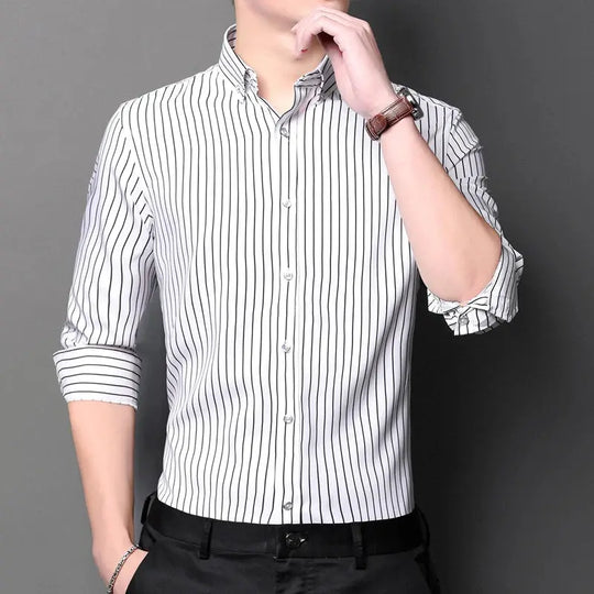 Men's Striped Button-Down Collar Design Iron-Free Dress Shirts, Long Sleeve Stretchy Casual Button Up Shirt for All-Seasons Beauty hair & fashionfj