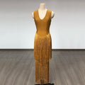 Gold Fringed Bandage Dress Women Summer New V Neck Sleeveless Tassel Party Club Evening Bodycon Dresses Sexy New Vestidos BA313