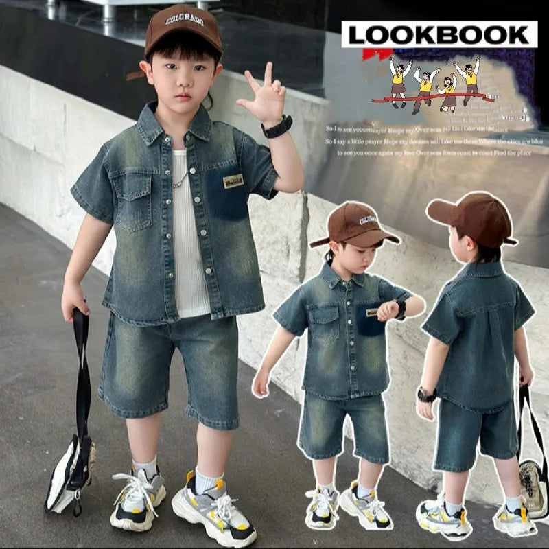 2025 Trendy Boys' Denim Set Vintage Wash Short Sleeve Shirt & Shorts 2-Piece Summer Outfit Beauty hair & fashionfj