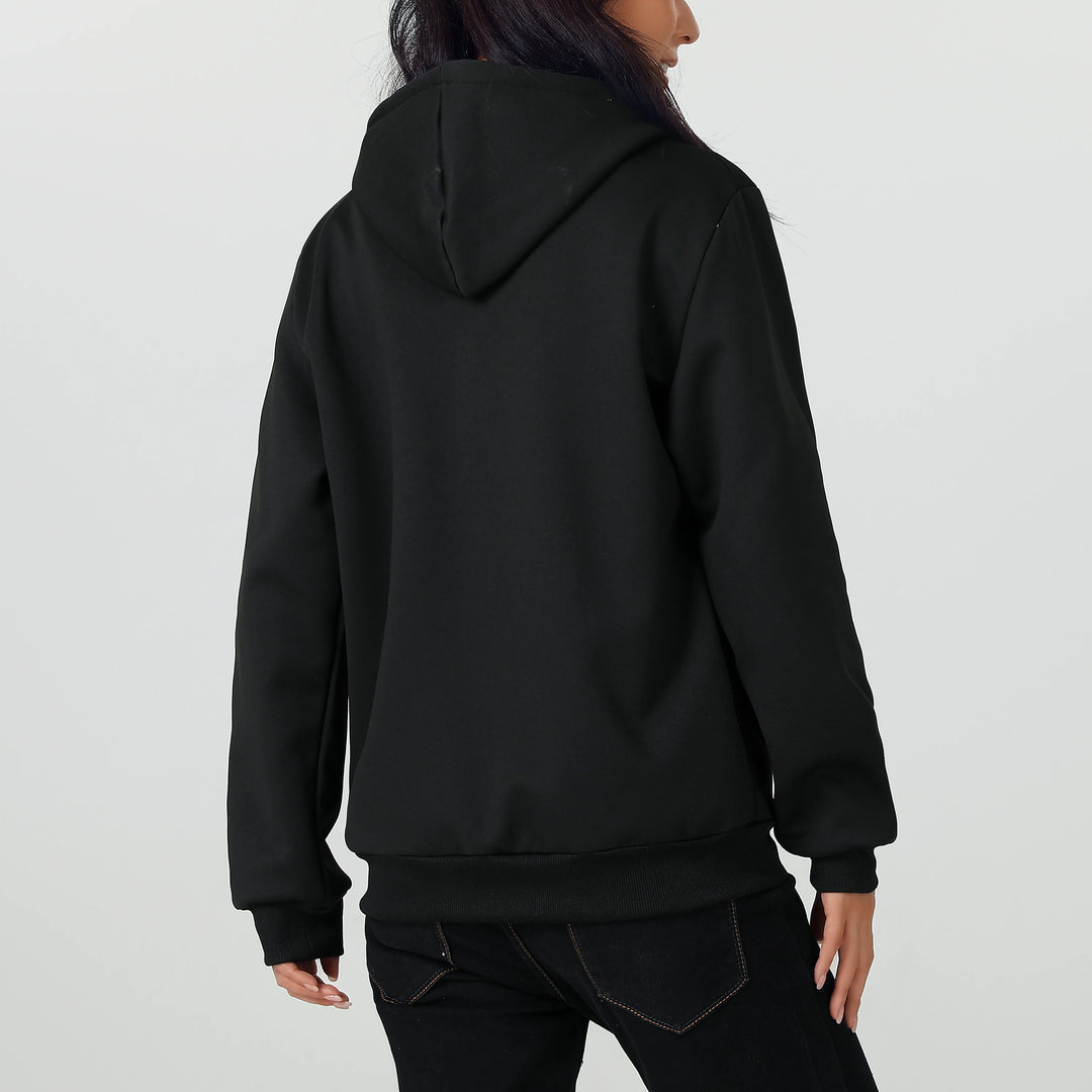 A Winter Women's Jacket, Fleece-Lined and Thickened for Warmth, Loose Casual Women's Outerwear, Polyester Fabric, Zip-Up Front, Side Zipper Pockets, Solid Color Hooded Jacket, Hidden Large Pockets Inside