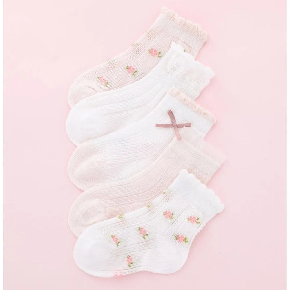 5 pairs of girls' summer thin socks, children's lace butterfly breathable mesh socks