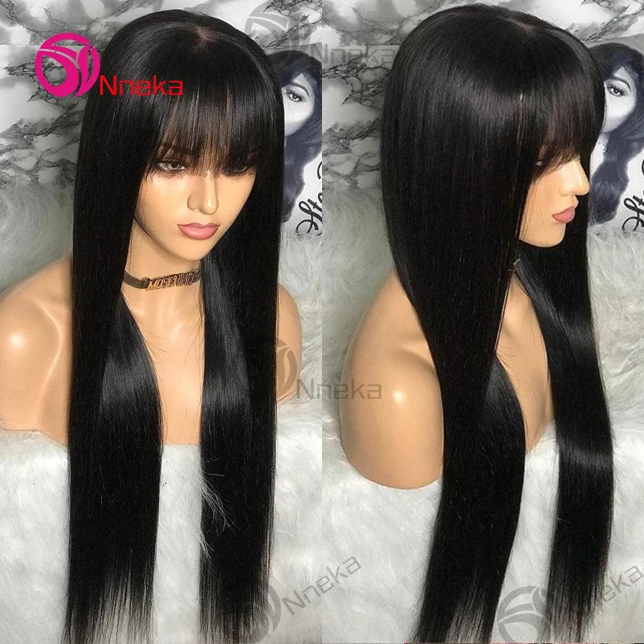 Bone Straight Human Hair Wig With Bangs For Women 30 Inch Brazilian 3x1 Lace Wigs Glueless Wig Human Hair Natural Black Color