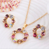3pcs Gold Necklace Earrings Set Ladies Celebrity Simple Fashion Style Exquisite Stained Glass Diamond Circle Shape Jewelry Beauty hair & fashionfj