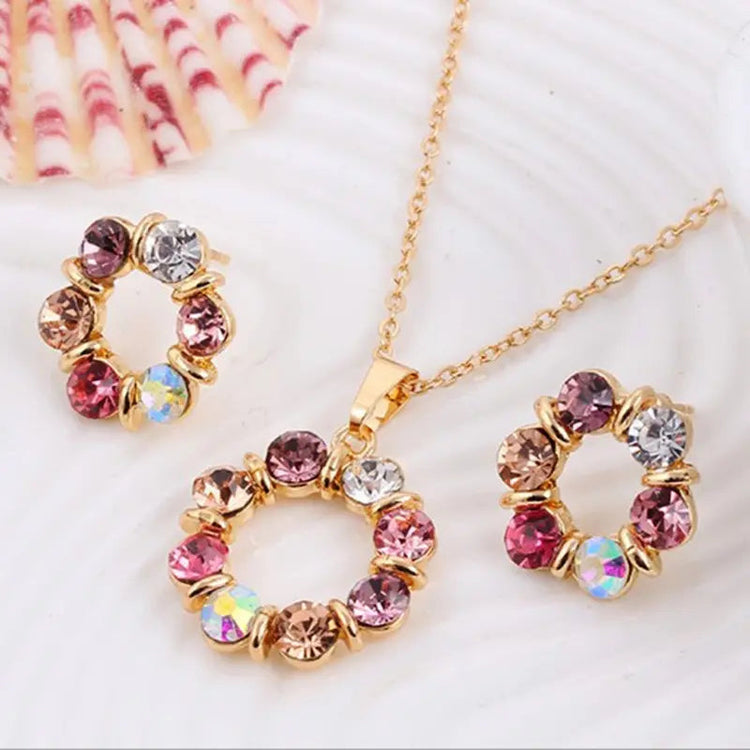 3pcs Gold Necklace Earrings Set Ladies Celebrity Simple Fashion Style Exquisite Stained Glass Diamond Circle Shape Jewelry Beauty hair & fashionfj