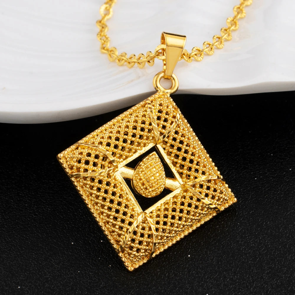 24K Gold Color Copper Jewelry Set For Women Daily Wea Two Piece Jewelry Round Geometry Necklace Earrings Set Gifts