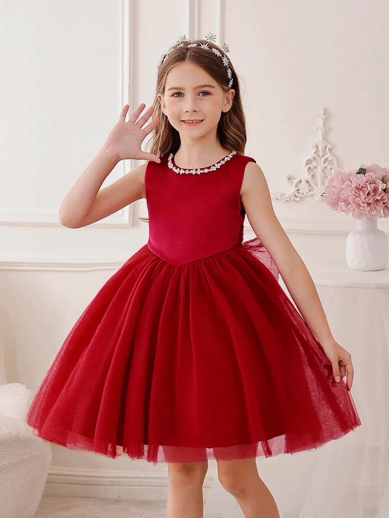 Girls' Christmas Burgundy Dress Suitable for Birthday Parties Weddings and Featuring flower child Gauze Style Beauty hair & fashionfj