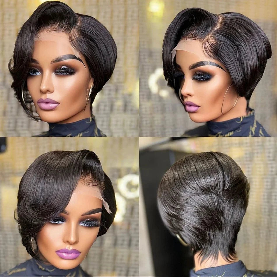 Brazilian Short Bob Pixie Cut Wig Pre plucked Lace Frontal Straight Transparent Lace Front Human Hair Wigs For Black Women  180%