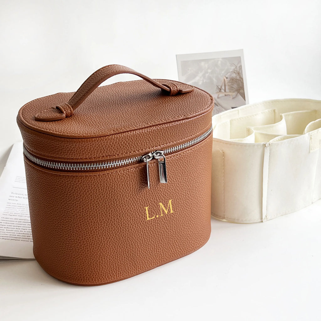 Customizable Name Portable Travel Storage Bag - Removable Cosmetic Bag with Separate Washing Compartment Pebble Leather