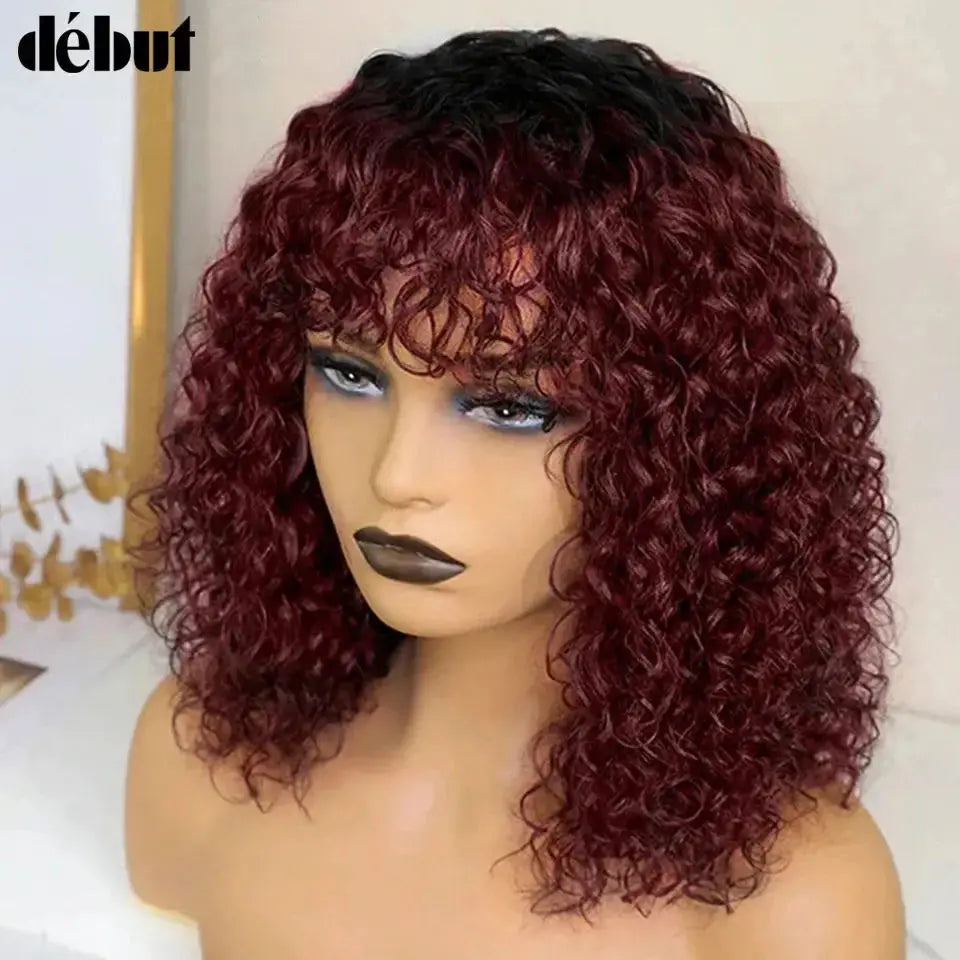 Fringe Bang Wig With Deep Wave Human Hair Water Wave Natural  Deep Curly Brazilian Hair Wigs 180% Density For Women Beauty hair & fashionfj
