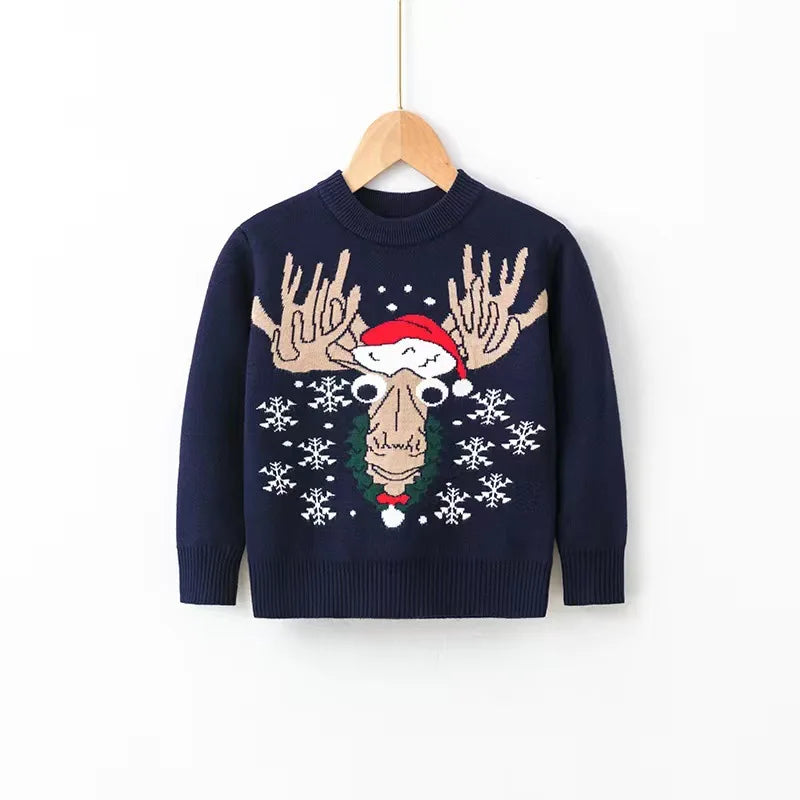 Kid Boys and Girls Casual Long Sleeves Top with Cartoon Prints in Christmas Blue Series Unisex Sweater for Children Comfortable