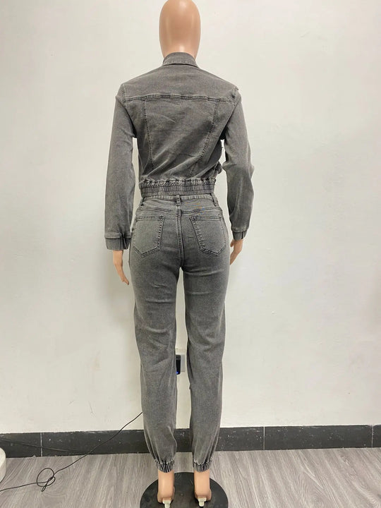 Pant Sets Long Sleeve Women Tracksuit Zipper Denim Coat Cargo Ankle Length Pants Pockets High Street Spliced Slim 2024
