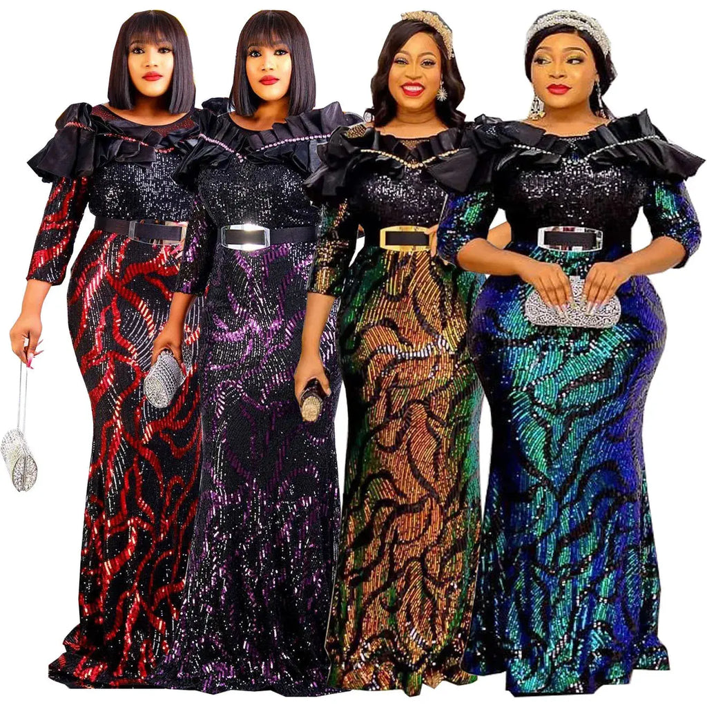 African Dresses For Women 2022 Lady Elegant Glittering Evening Dress Sparkle Sequin Sexy Sheath Maxi Party Gowns Come With Belt Beauty hair & fashionfj
