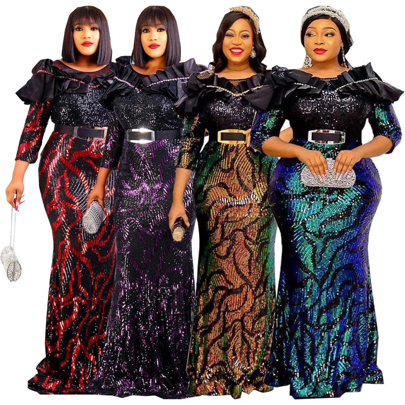 African Dresses For Women 2022 Lady Elegant Glittering Evening Dress Sparkle Sequin Sexy Sheath Maxi Party Gowns Come With Belt Beauty hair & fashionfj