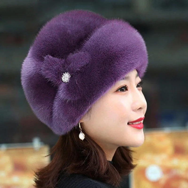 New Winter Warm Hat Imitation Mink Fur Caps For Women Earflap Fisherman Earwarmer Hat Floral Basin Cap