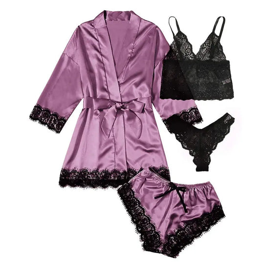 Women's Summer Sexy Pajama Pants Set 4 Pieces Lace Satin With Silk Sleepwear Robe Fashion And Comfortable Nightwear Beauty hair & fashionfj