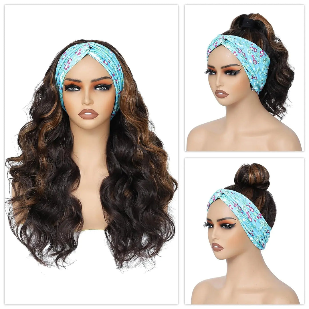 Brown Highlight Headband Wigs For Black Women 26" Body Wavy Wig With Headband Attached Natural Looking Synthetic Hair Wig
