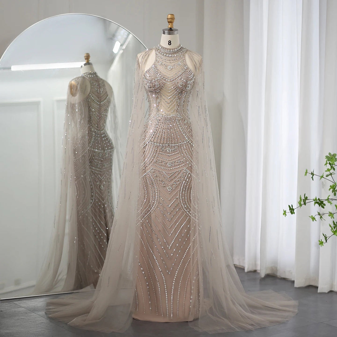 Sharon Said Luxury Dubai Caramel Mermaid Evening Dresses for Wedding Party Cape Sleeves High Neck Prom Dress SS077 Customized Beauty hair & fashionfj