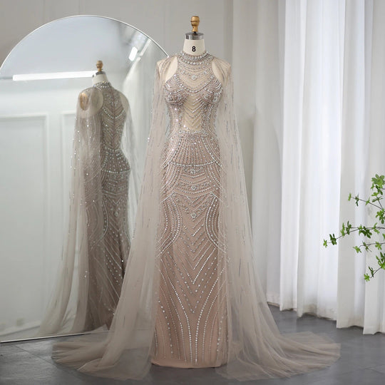 Sharon Said Luxury Dubai Caramel Mermaid Evening Dresses for Wedding Party Cape Sleeves High Neck Prom Dress SS077 Customized Beauty hair & fashionfj