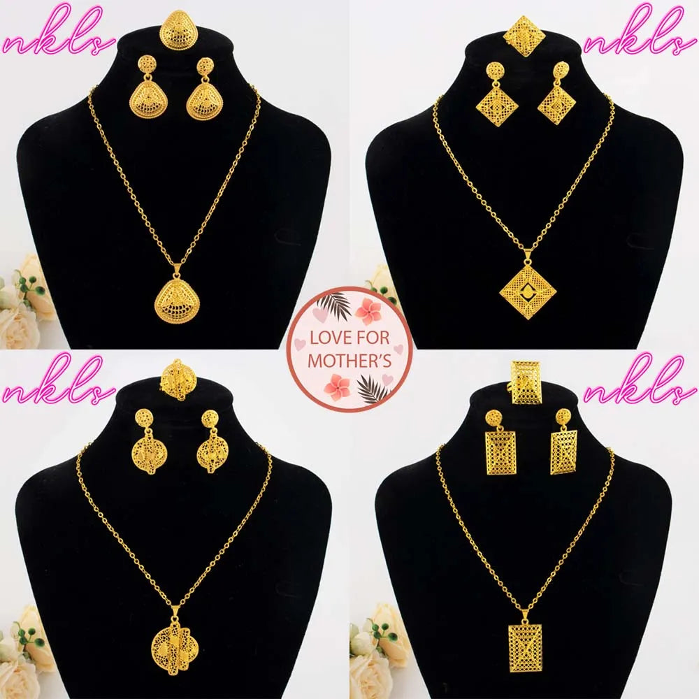 Mid East Gold-plated 3pcs Jewelry Set For Women India Dubai Jewelry Geometry Earrings Necklace Ring Set Apply for Party Wedding