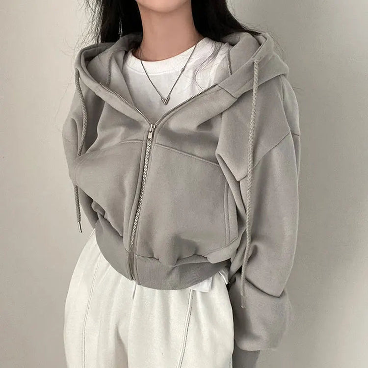 Casual Hood Sweatshirt Women Y2K Zip Up Hoodies Solid Harajuku Long Sleeve Shirt Oversized Crop Tops Female Loose Jackets Coat Beauty hair & fashionfj