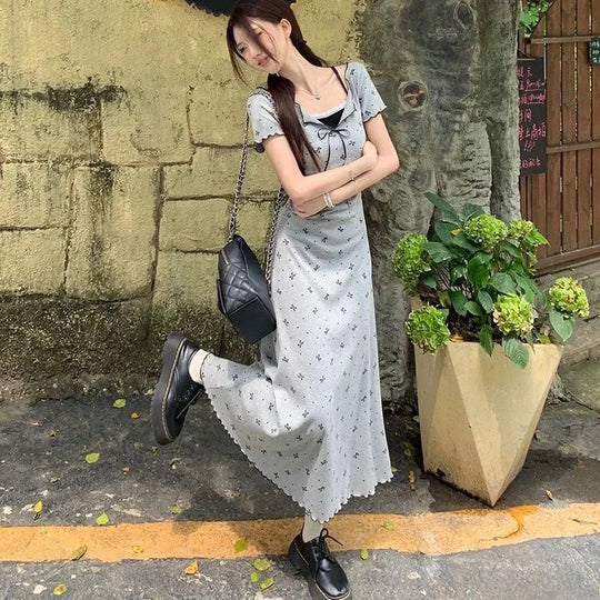 Lucyever Fake Two Piece Bowknot Print Dress Women Summer Lace Patchwork Short Sleeve Dresses Korean Fashion Slim Mini Dress Lady Beauty hair & fashionfj