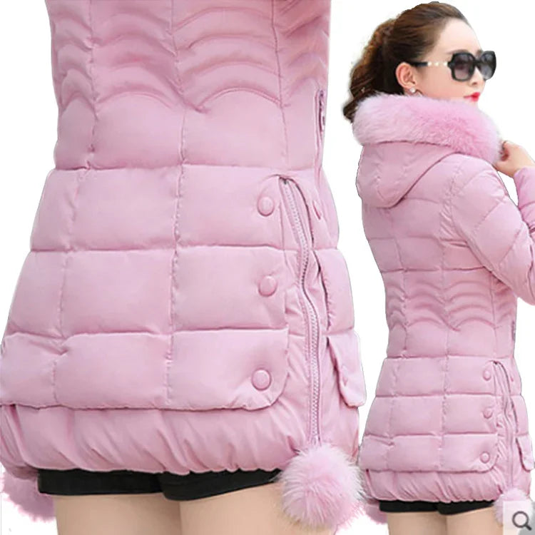 Winter Jacket Women 2025 winter coat pure color casual Fur Collar Hooded long hooded cotton lady jacket