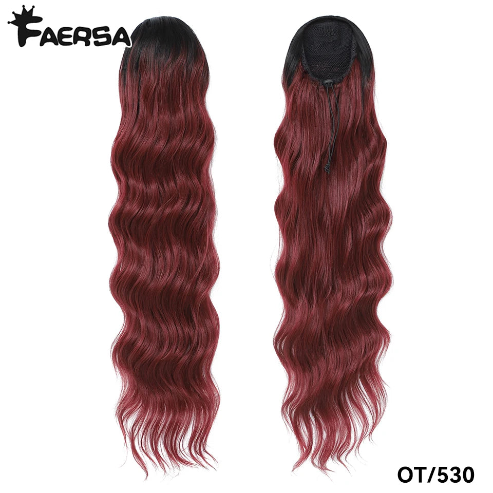 28 Inch Drawstring Ponytail Synthetic Hair Extensions For Black Women Long Wavy Clip-in High Temperature Pony Tail For Afro Girl