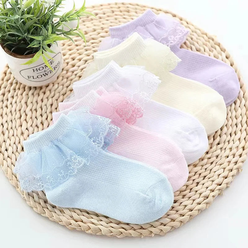 5 pairs of double-layer lace-trimmed dance socks for girls, suitable for ages 3 to 12 - soft light colors, breathable cotton bl