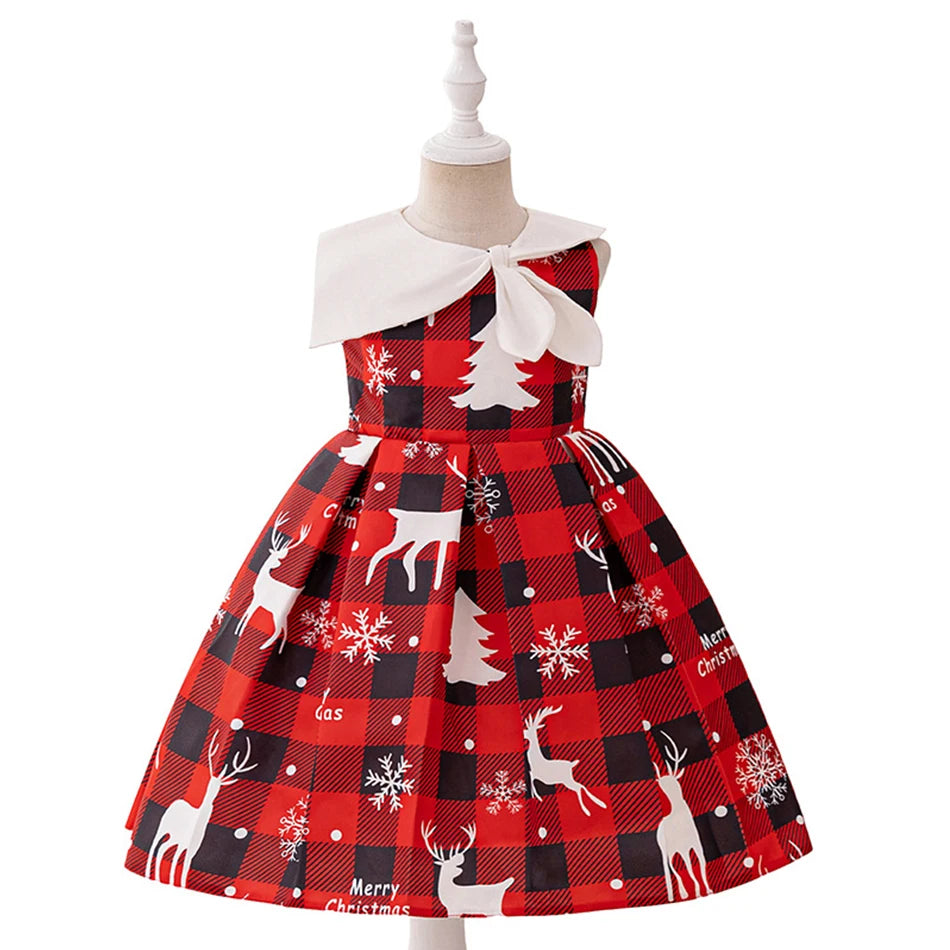 Christmas Dresses Girl Cartoon Print Princess Dress Children Red and Green Sequined Mesh Puff BalL Gown Carnival Clothes