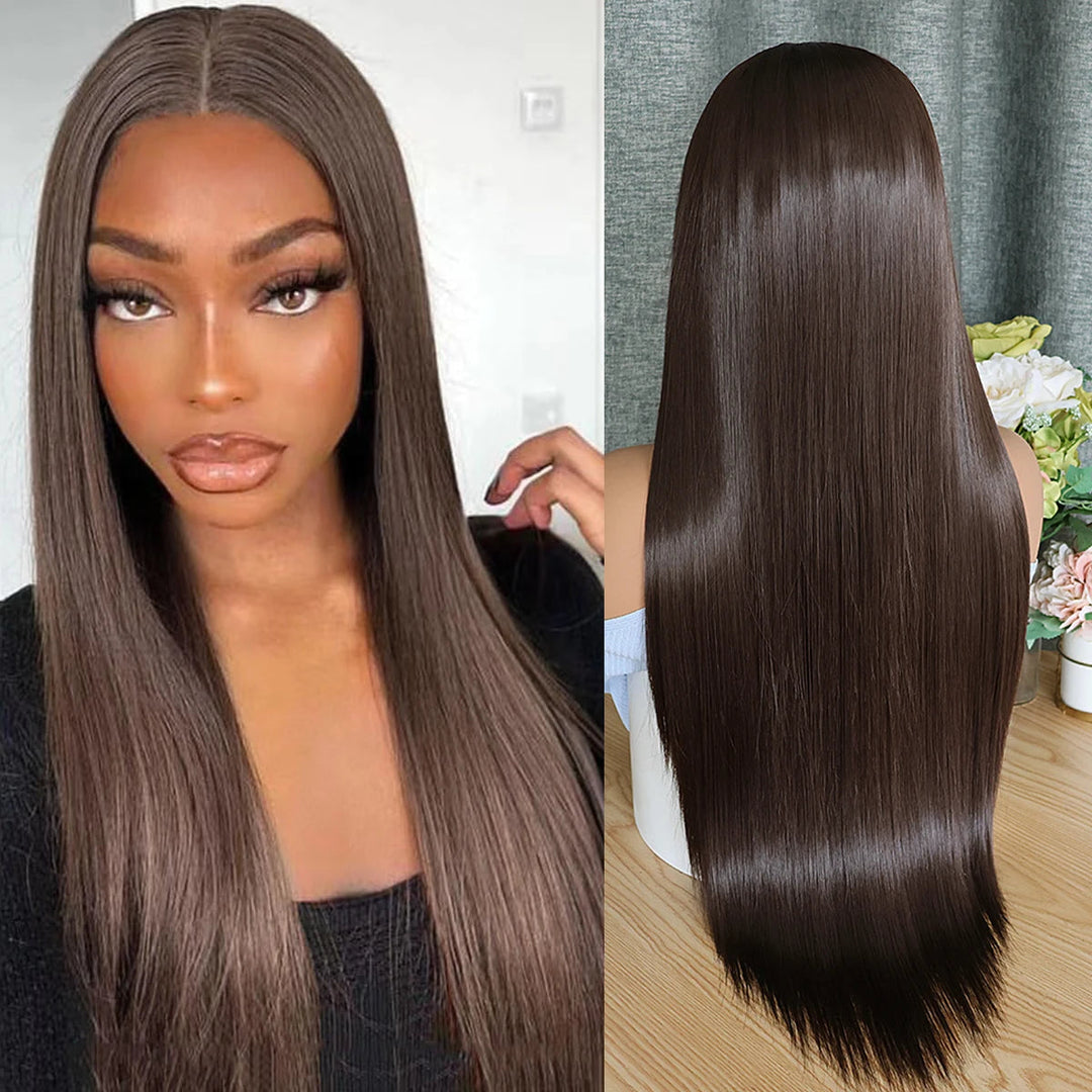 Dark Chocolate Brown Long Straight Synthetic Hair 13x4 Lace Front Wigs Transparent Lace Wigs For Women Bone Straight Wig 180% Beauty hair & fashionfj