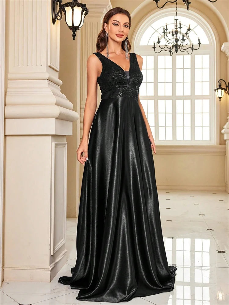 Elegant Sequins Evening Dress For Women 2024 Deep V-neck Satin Prom Party Green Dress Floor Length Blue Formal Gowns Beauty hair & fashionfj