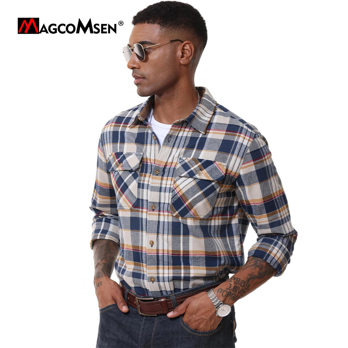 MAGCOMSEN Flannel Shirts Men's Long Sleeves Cotton Long Sleeve Plaid Shirt with 2 Pockets Button Down Casual Corduroy Shirt Male Beauty hair & fashionfj