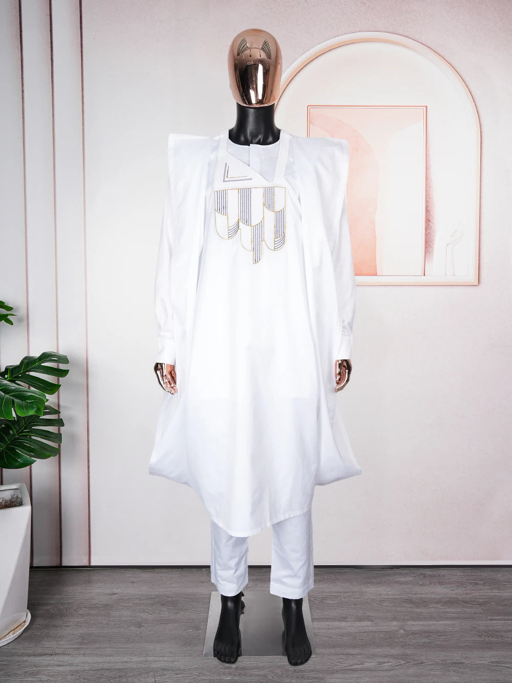 H&D New African Clothes for Men Bazan High -Quality Embroidery Robe Shirt Pants 3 PCS Set White wedding Party Ramadan Clothing Beauty hair & fashionfj
