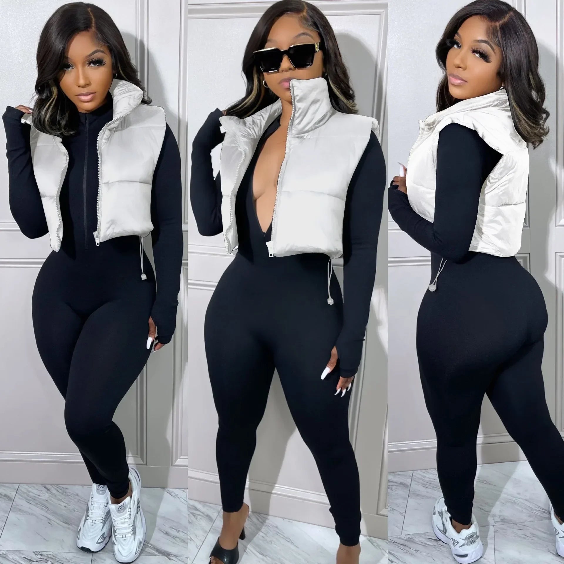 Women's Winter Vest Fashion Faux Leather Padded Jacket Coat Vintage PU Black And White Female Short Waistcoat Chic Clothes Tops