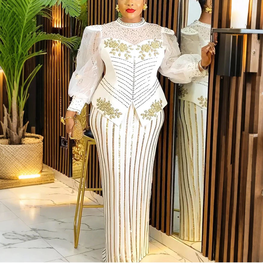 Elegant African Dresses for Woman 2025 New Sequined Diamond Plus Size Luxury Evening Party Dashiki Ankara Outfits Robes Clothes Beauty hair & fashionfj