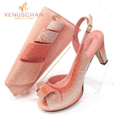 Venus Chan Newest INS Style Peach Color Rhinestone Elegant High Heels Nigeria Popular Design African Ladies Shoes And Bag Set Beauty hair & fashionfj
